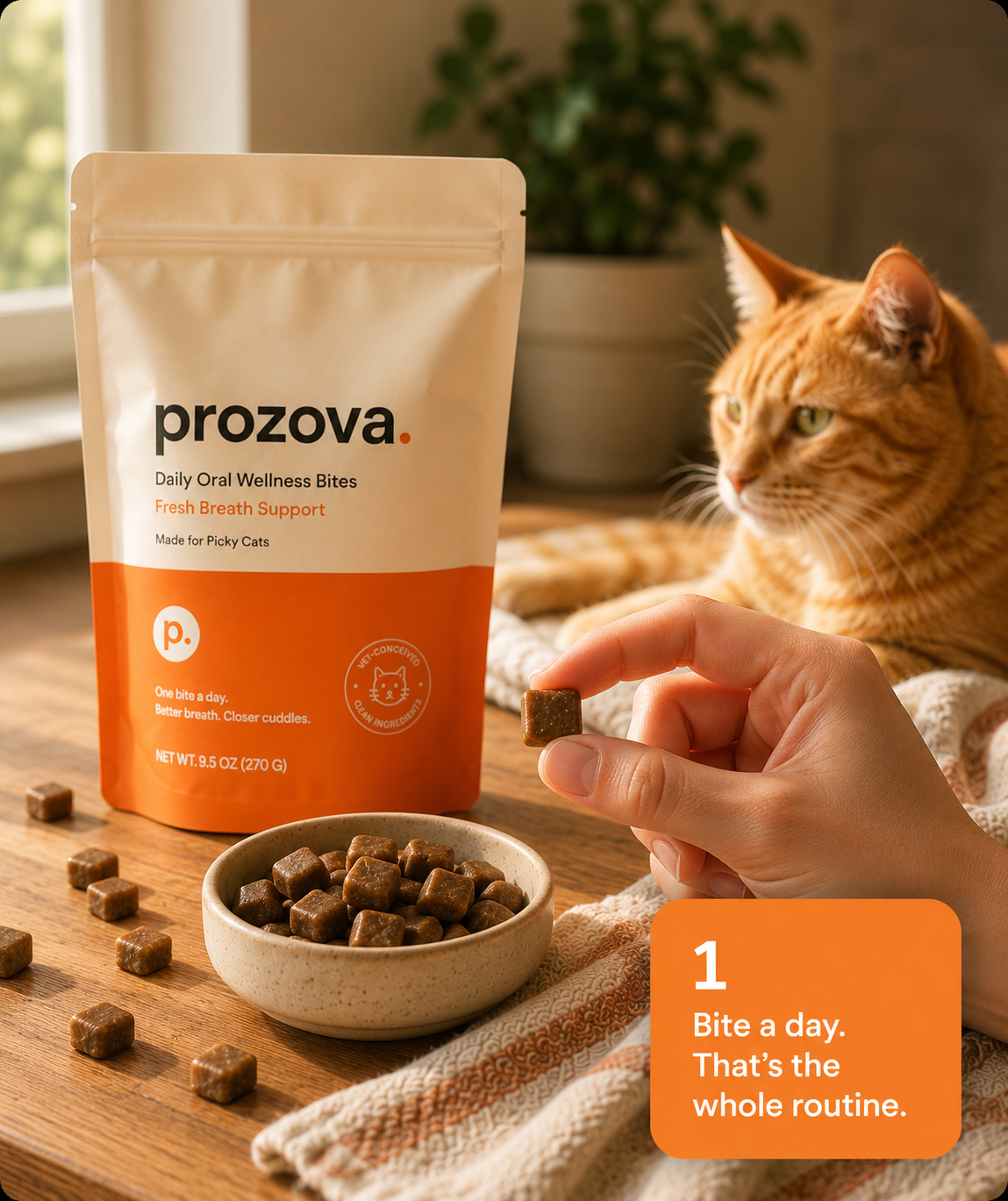 A Prozova bite resting on a warm kitchen counter