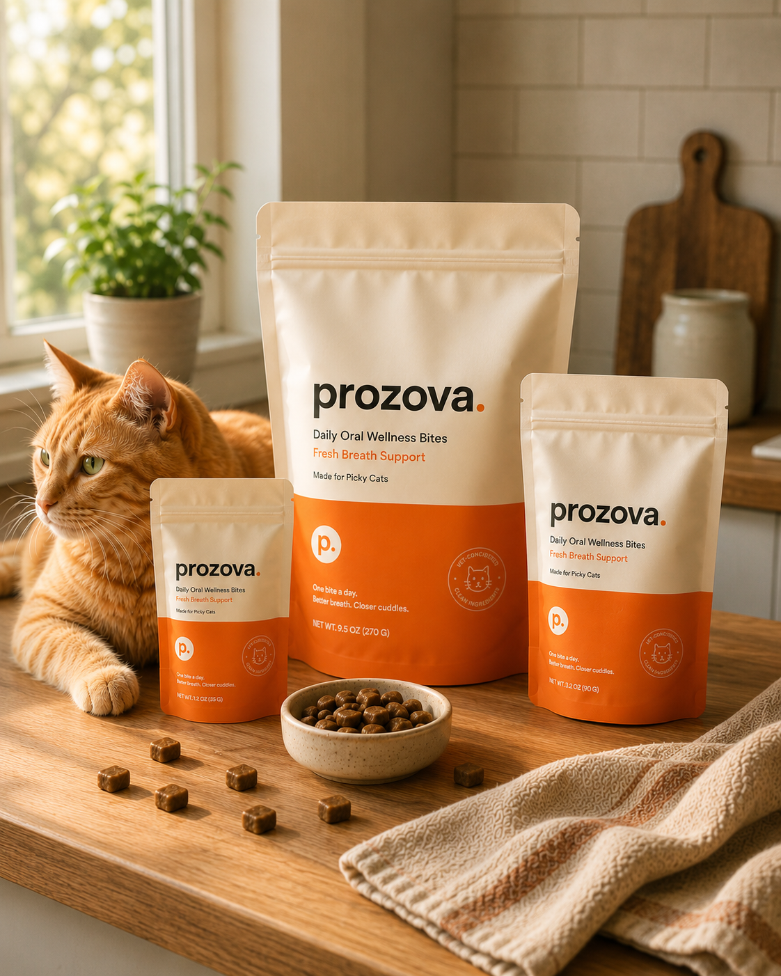 Prozova Daily Oral Wellness Bites β Fresh Breath Support pouches with a ginger cat in a sunlit kitchen