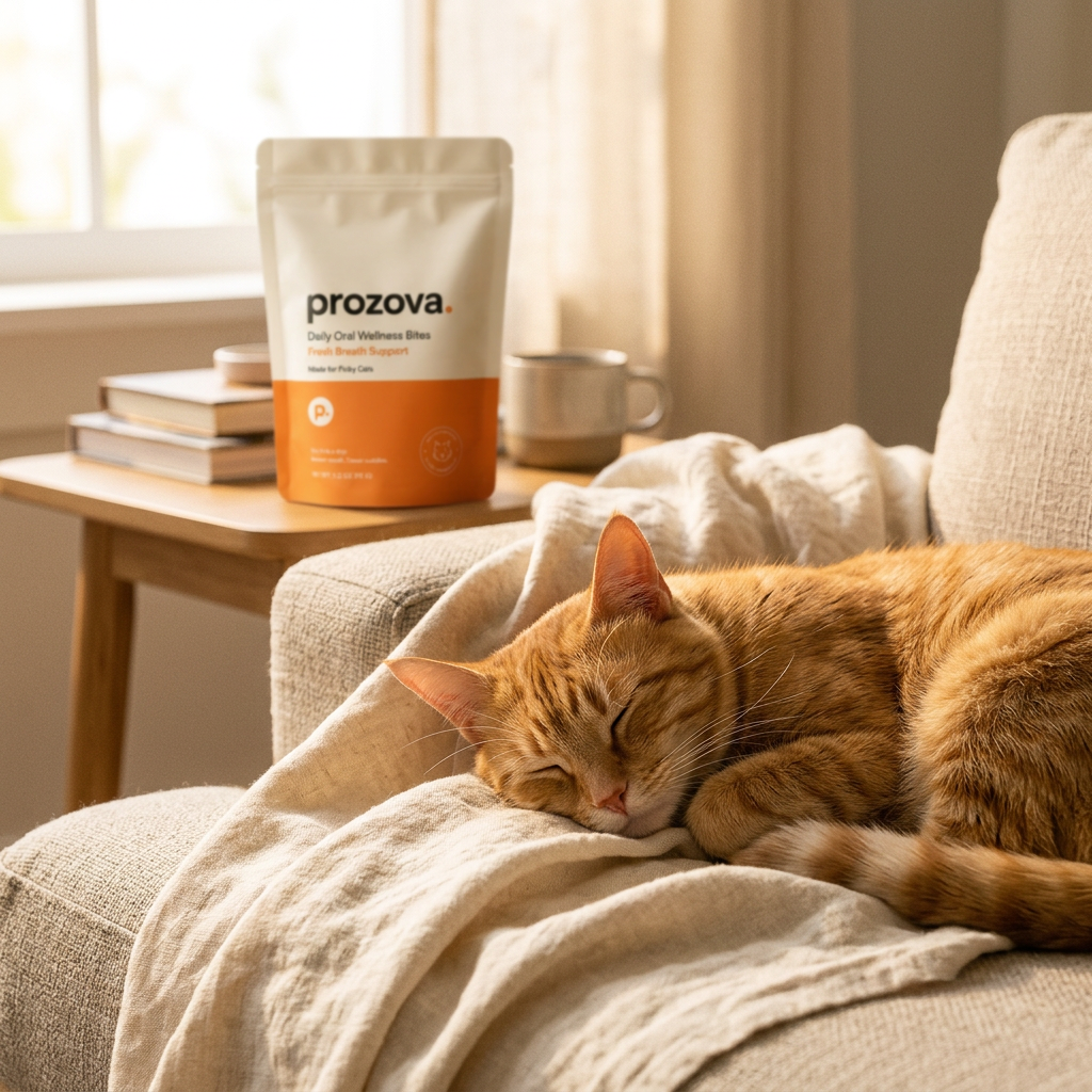 A cat curled up at home in soft morning light next to a Prozova pouch